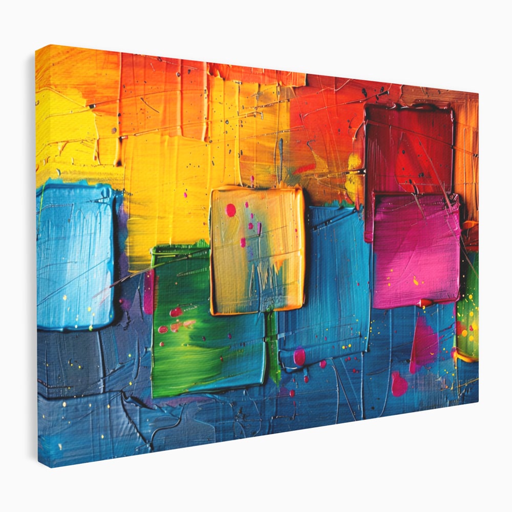 Tablou canvas cu pictura abstracta cu patrate colorate in relief, fara rama, pe sasiu de lemn